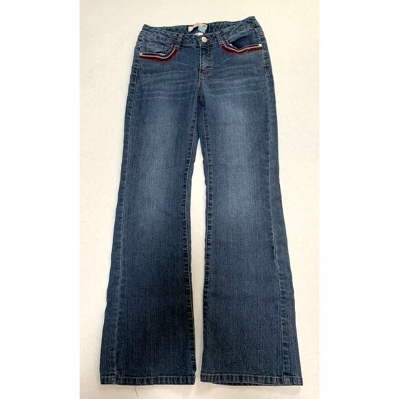 y2k Vintage Route 66 Girls Size 14 Embroidered Trim Pockets Blue Slim Flare Low - Picture 1 of 4